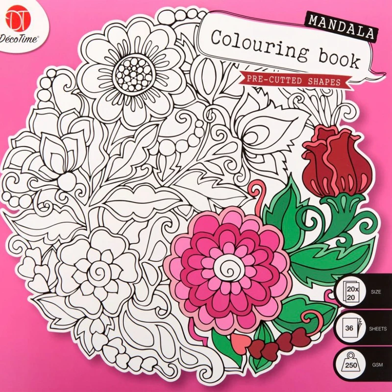 Deco Time - Mandala Anti-Stress Coloring Book Thick Paper 250 gsm Pre-Cutted Shapes 36 Sheets Size 20 x 20 cm – Pink Cover (3219371)